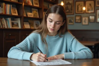 Jeune femme écrivant Mayenne dans un café cosy