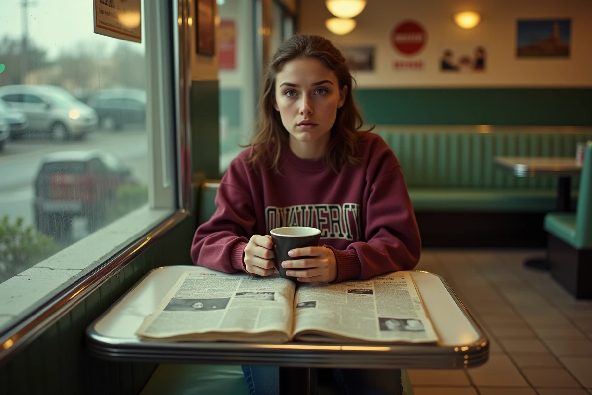 Jeune femme seule dans un diner rétro, regard hanté devant une coupure de presse, atmosphère angoissante rappelant Destination Finale