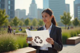 Jeune femme en tenue casual examine un plan avec symbole de recyclage
