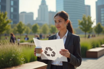 Jeune femme en tenue casual examine un plan avec symbole de recyclage