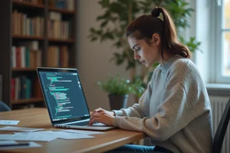 Jeune femme concentrée examinant son écran d'ordinateur dans un bureau à domicile