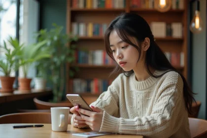 Jeune femme regardant un manga sur son smartphone au café