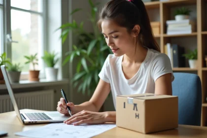 Jeune femme en bureau organisee mesurant un colis avec regle