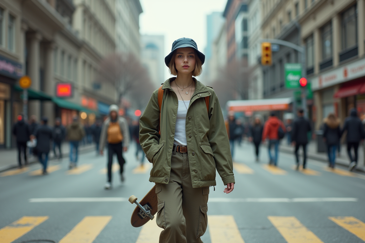 Jeune femme avec skateboard dans une intersection urbaine