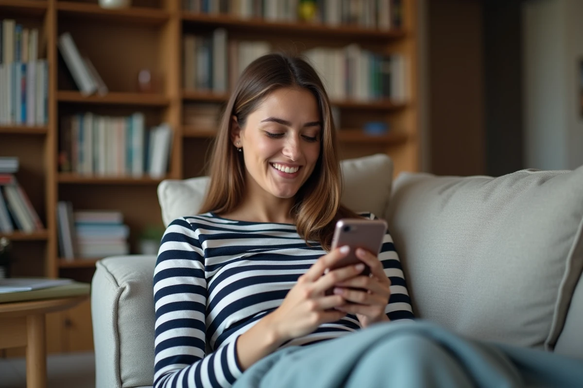 Jeune femme allongée sur un canapé jouant à Wordle avec une expression amusée