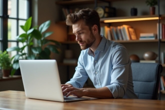 Jeune homme professionnel compare deux laptops modernes dans un bureau élégant