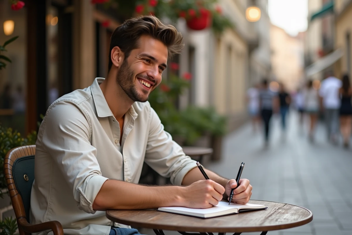 Jeune homme écrivant au café en ville