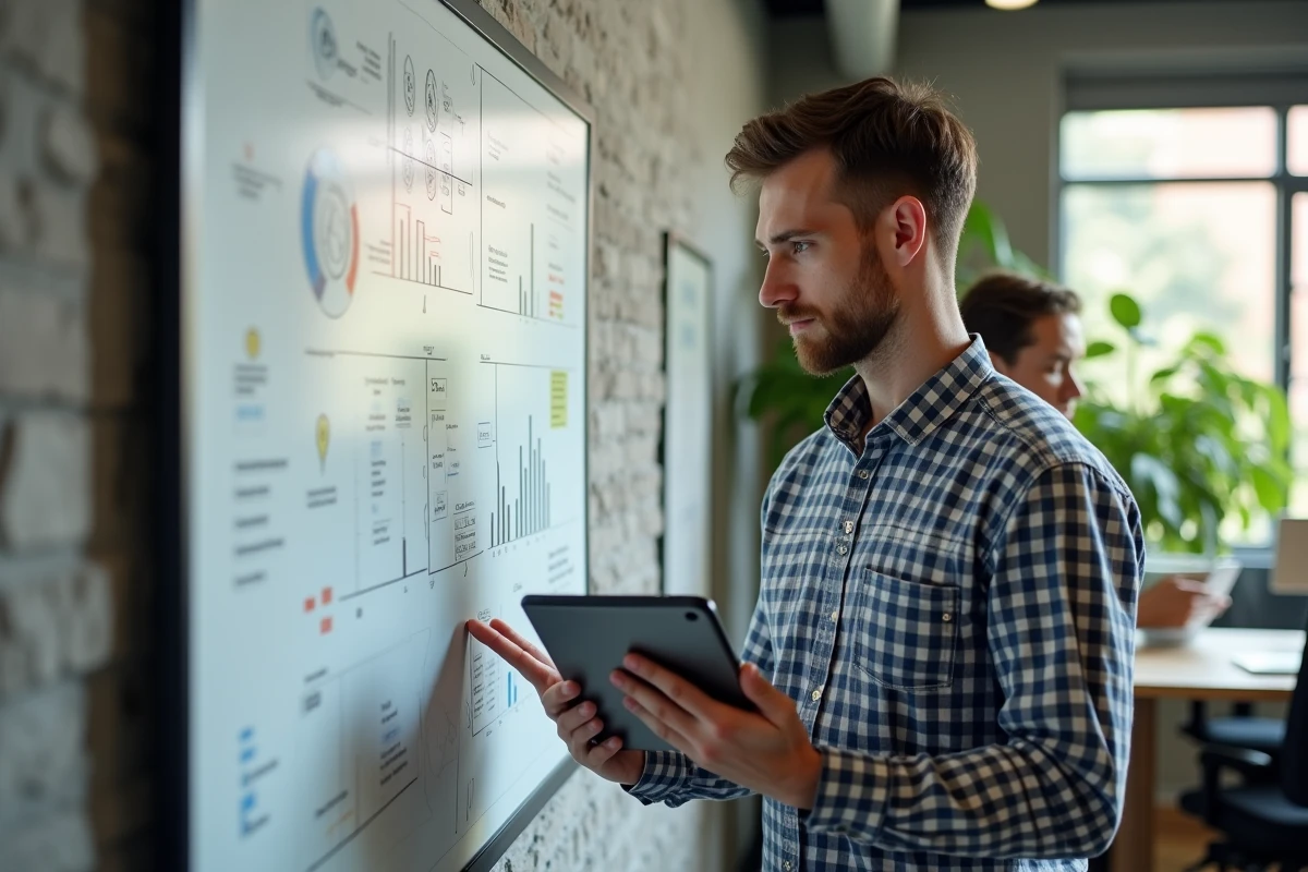 Jeune homme analysant un diagramme SEO en coworking