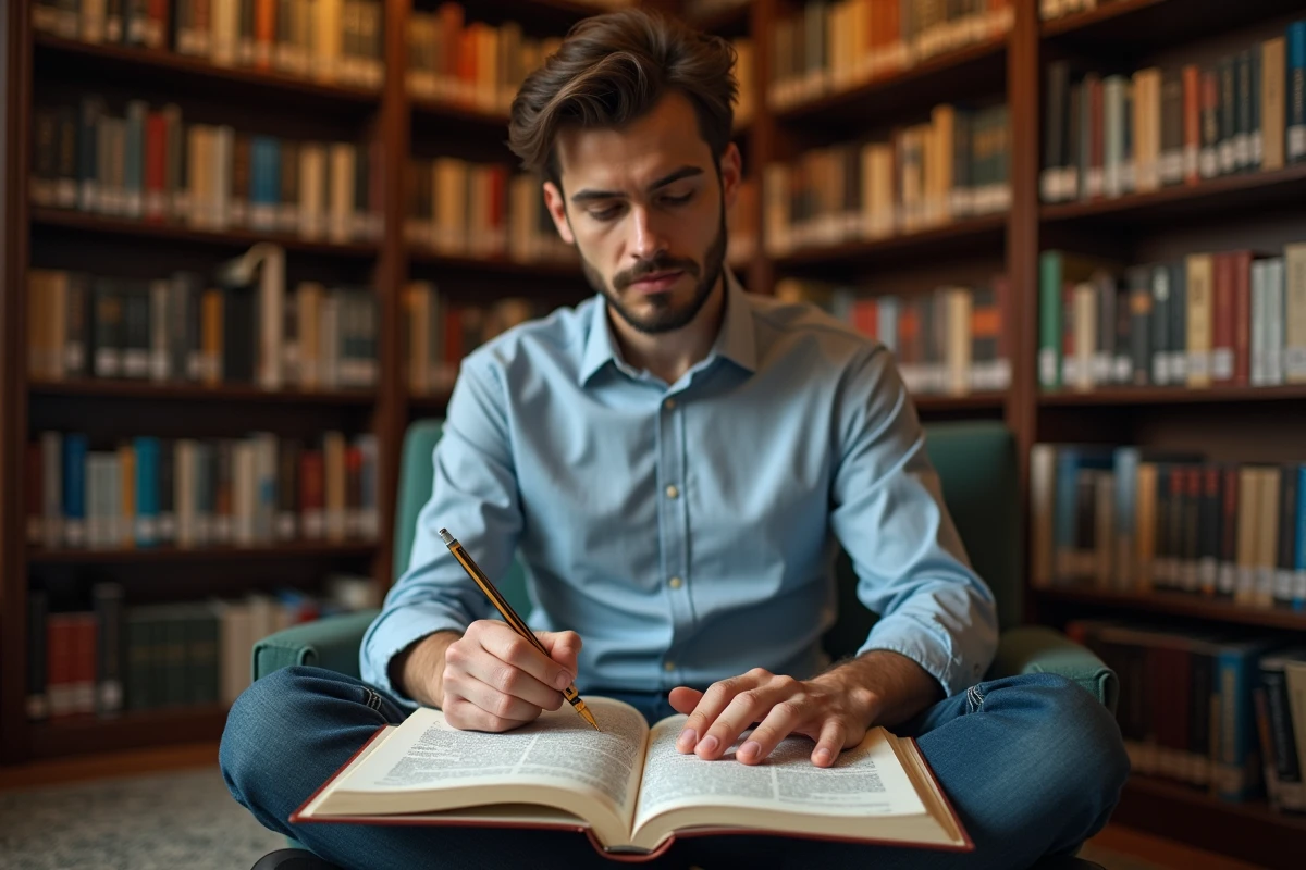 Jeune homme en bibliothèque résolvant un puzzle croisé