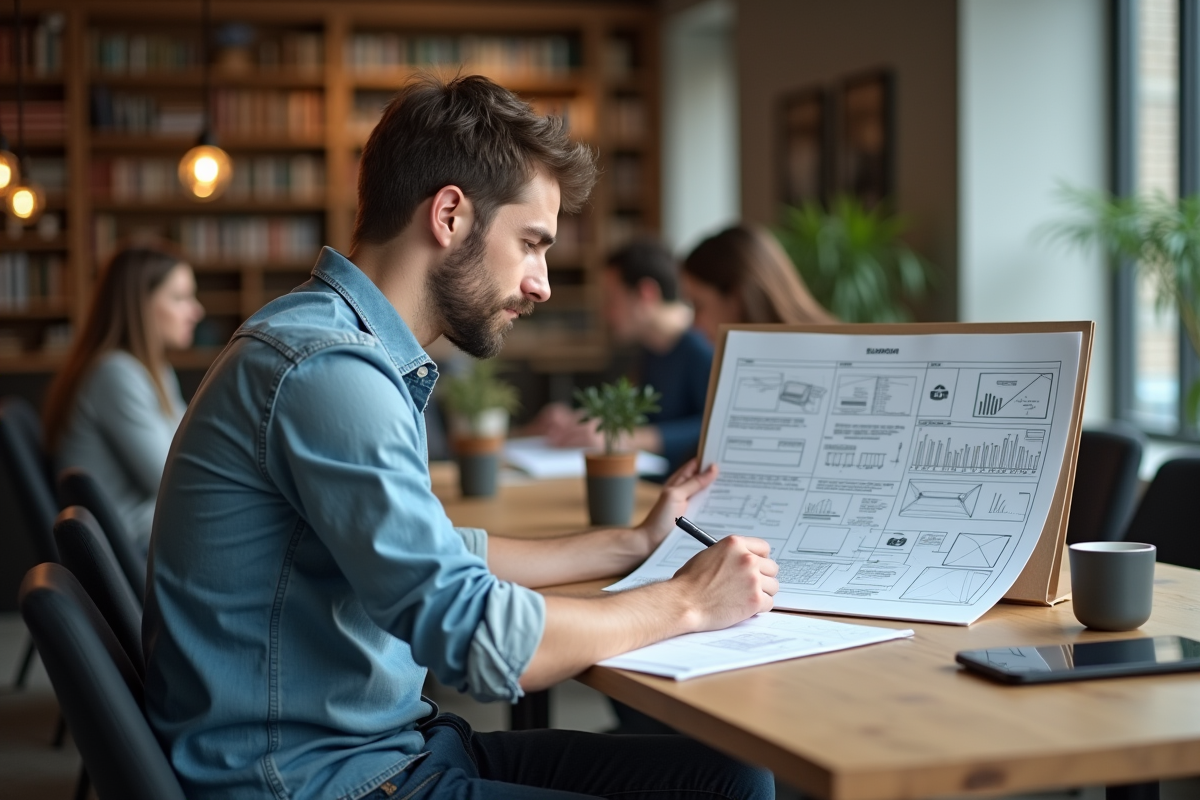 Jeune homme esquissant un wireframe sur un carnet dans un espace de coworking