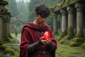 Jeune homme examinant un Dofus rouge dans un décor de ruines