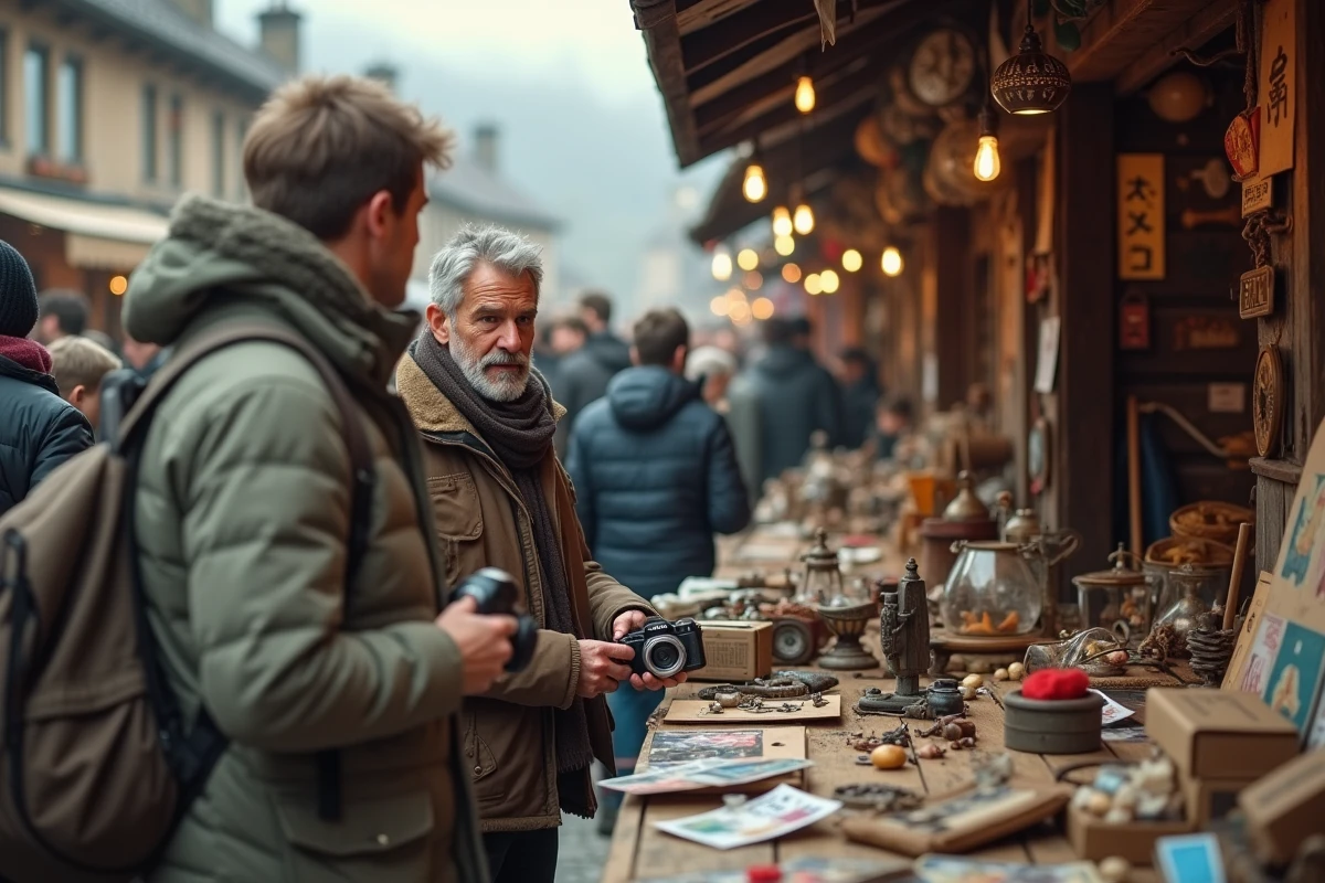 Jeune homme avec appareil photo discutant au marché