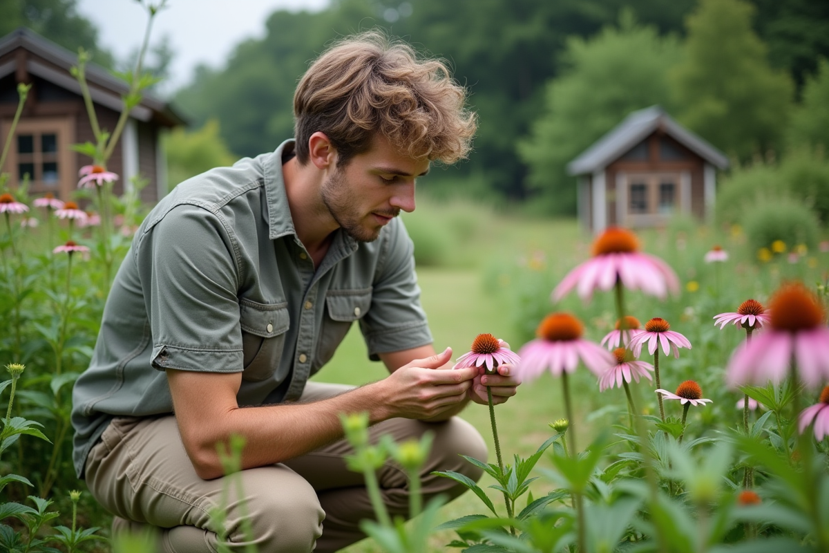 Jeune homme dans un jardin médicinal examinant des echinaceas