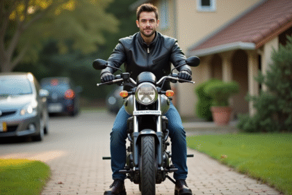 Jeune homme sur une moto Avengers 125cc dans une cour résidentielle