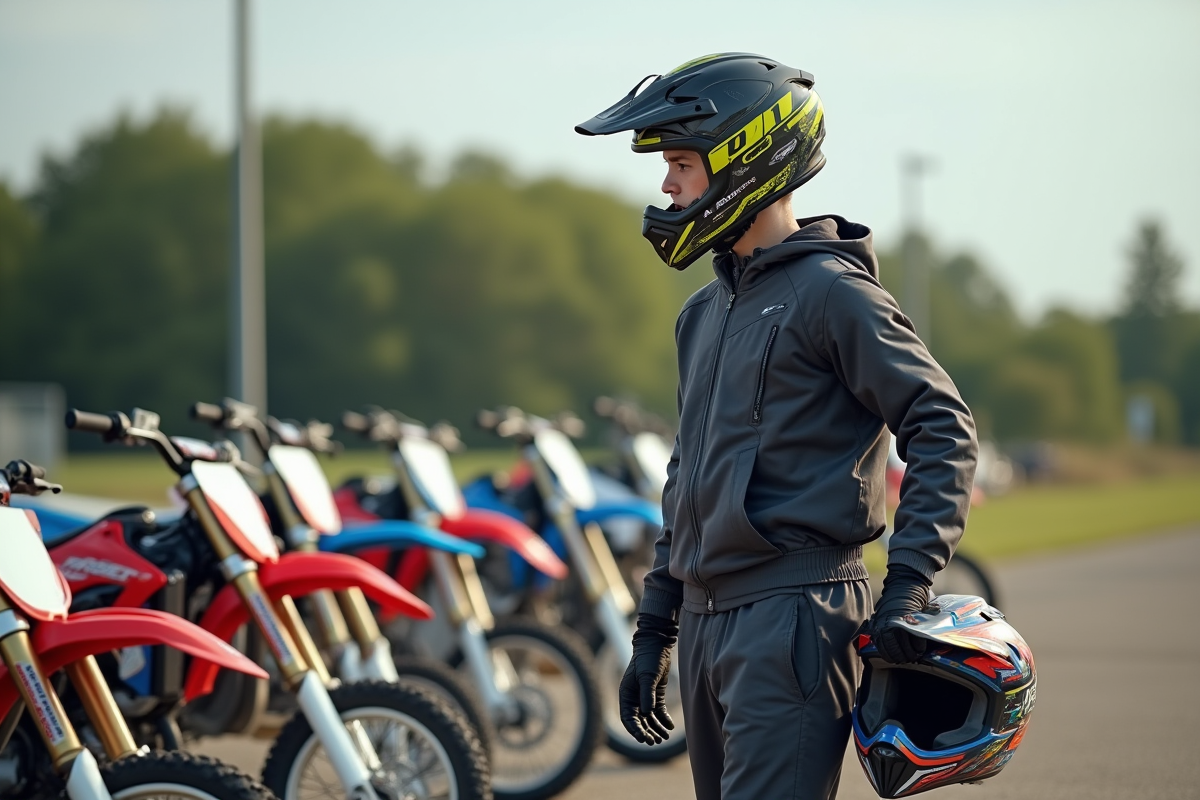 Jeune homme en équipement motocross examine des motos 125cc