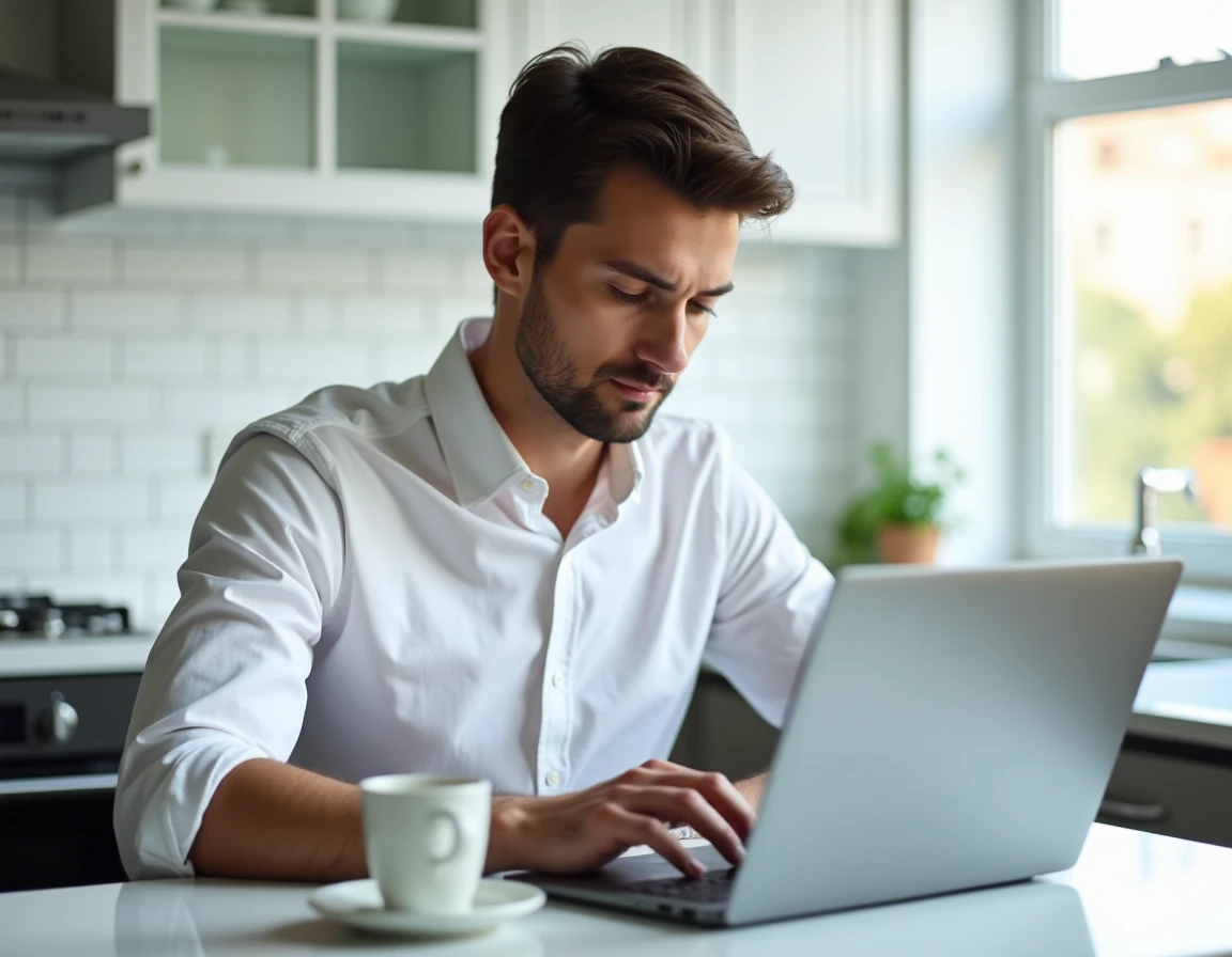 Jeune homme comparant les offres Samsung sur ordinateur portable dans une cuisine moderne