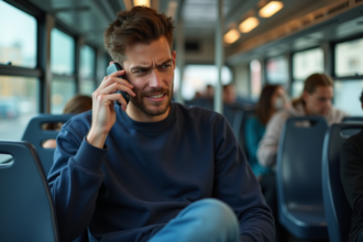 Jeune homme en bus moderne parlant au téléphone