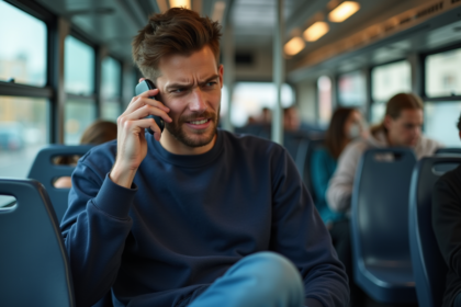 Jeune homme en bus moderne parlant au téléphone