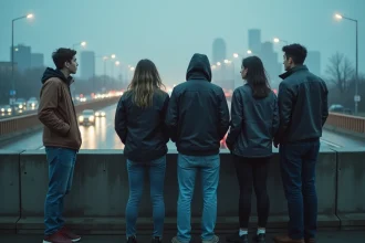 Groupe de jeunes adultes tendus sur un pont autoroutier urbain sous la pluie, évoquant l'ambiance du film Destination Finale Bloodlines