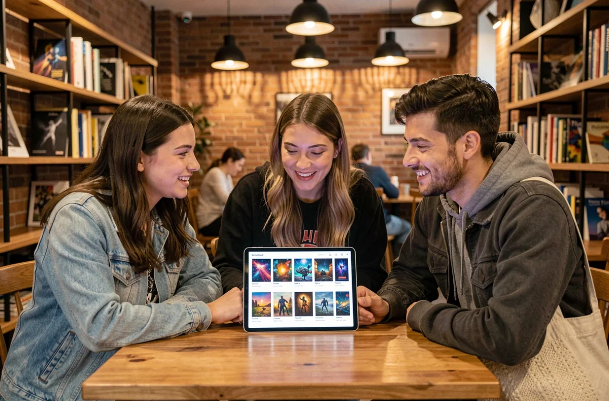 Groupe de jeunes collectionneurs discutant d'une vente aux enchères de peintures futuristes sur tablette dans un café urbain