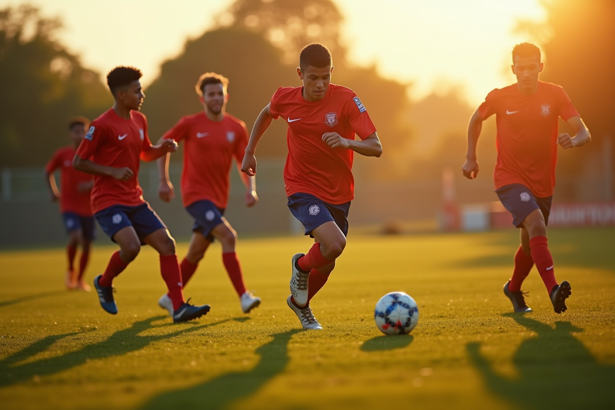 Jeunes joueurs de reserve lors d'un entraînement intense en extérieur