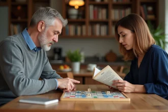 Deux joueurs de Scrabble en désaccord autour du mot IN posé sur le plateau de jeu, l'un consultant un dictionnaire