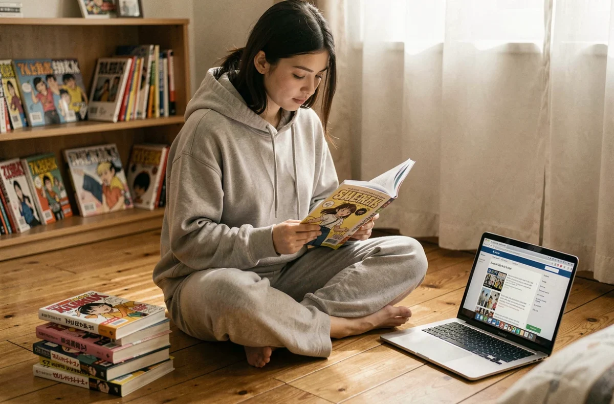 Jeune femme lisant un manga sur tablette et version papier dans une chambre cosy entourée de livres