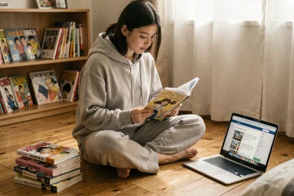 Jeune femme lisant un manga sur tablette et version papier dans une chambre cosy entourée de livres
