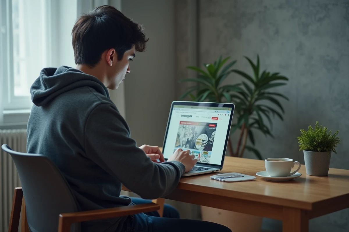 Homme lisant des webtoons gratuitement sur ordinateur portable dans un bureau minimaliste moderne