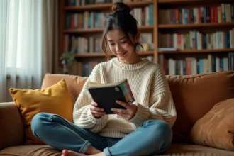 Jeune femme lisant un webtoon sur tablette confortablement installée dans son salon entouré de mangas