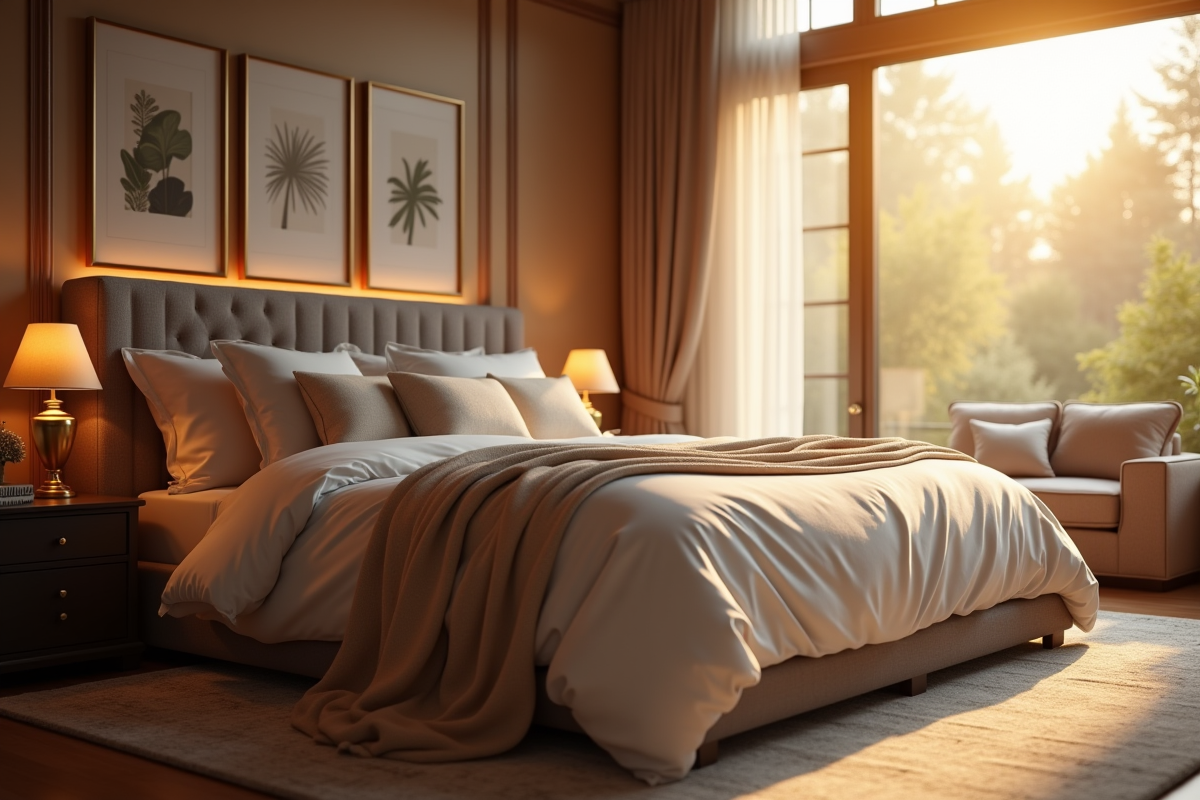 Lit king confortable dans une chambre chaleureuse