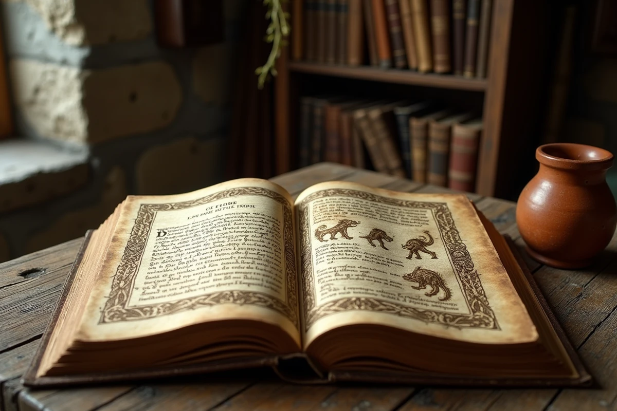 Vieux livre illustré ouvert présentant des créatures mythologiques bretonnes inspirées des Korrigans, posé sur une table en bois ancien