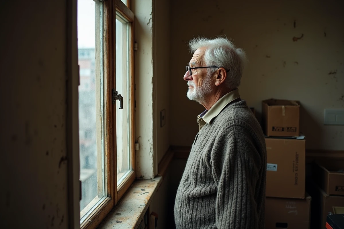 Homme âgé regardant par la fenêtre d’un studio ancien