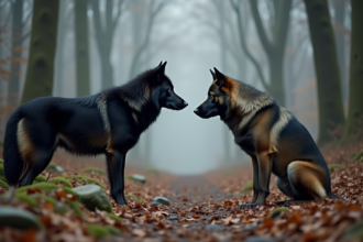 Loup noir et grand chien dans la forêt brumeuse