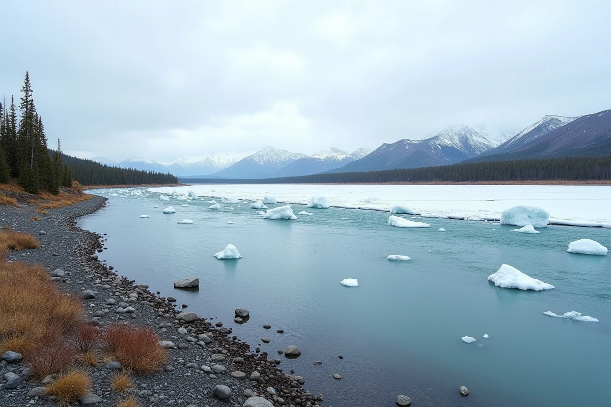 Le fleuve Mackenzie coulant dans un paysage subarctique canadien avec des forêts de conifères et une toundra ouverte