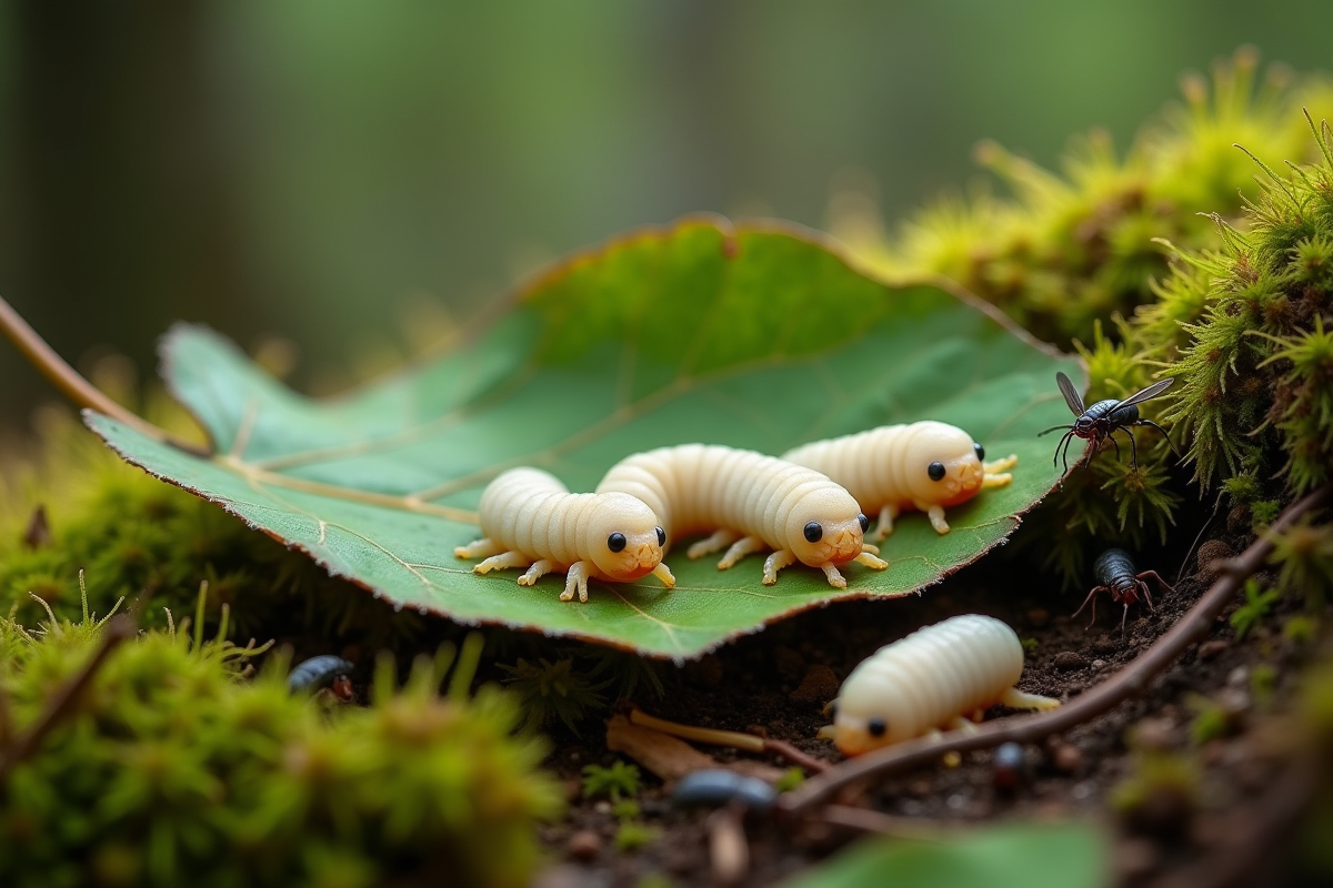 vers décomposant une feuille sur sol vert en forêt