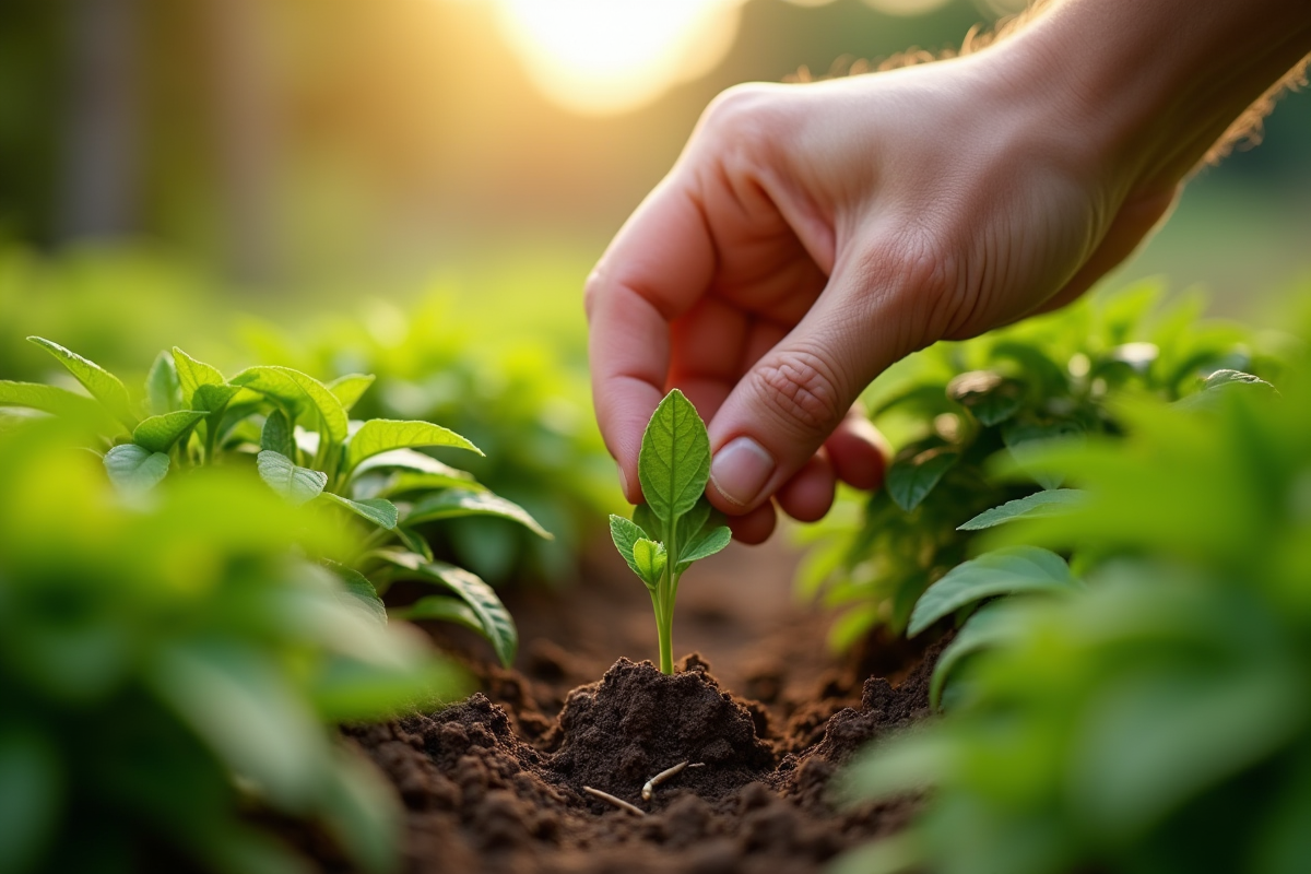 Main de jardinier appliquant un herbicide naturel aux racines profondes des plantes