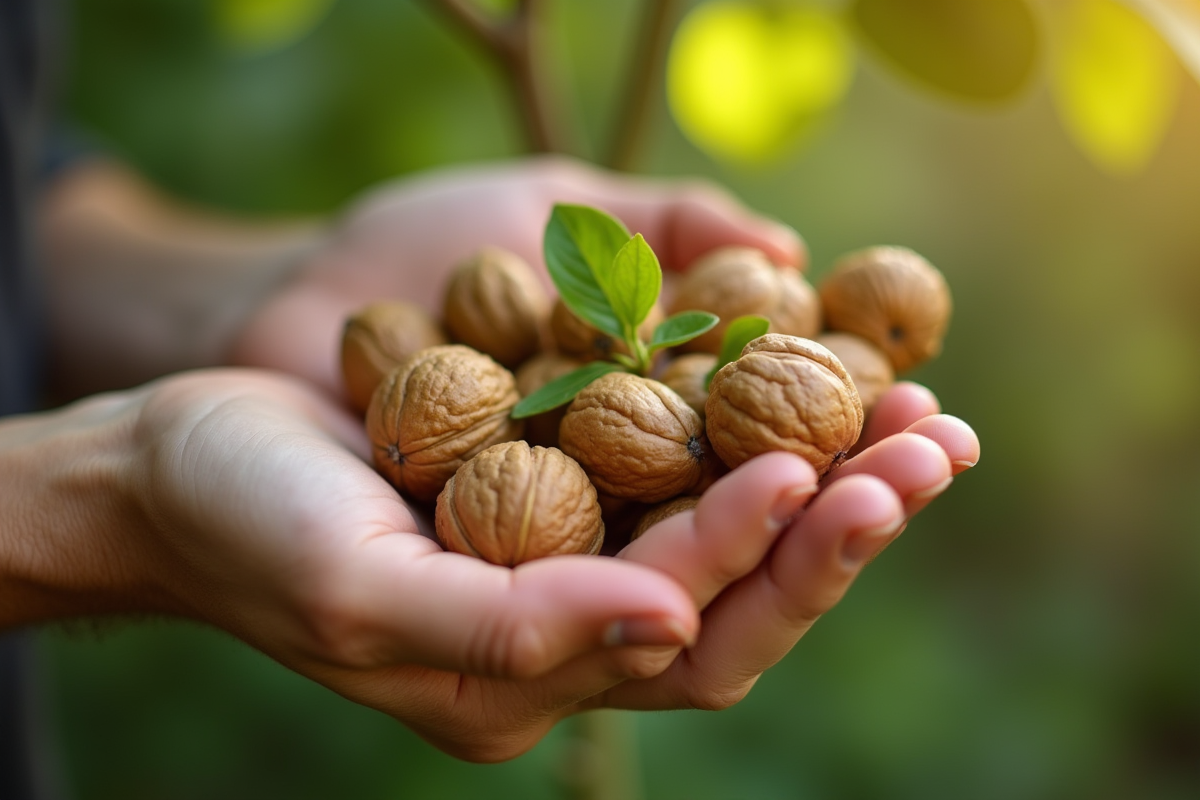 Mains tenant un noyer en plein air en journée ensoleillée