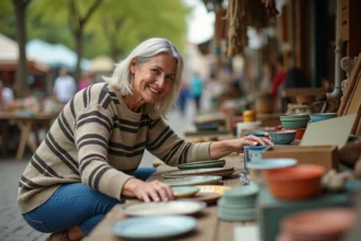Femme souriante inspectant vaisselle vintage au marché