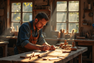 Menuisier français sculptant du bois dans un atelier lumineux