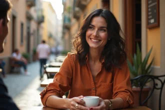 Femme exprimant sa gratitude en espagnol à un serveur dans un café de rue en Espagne