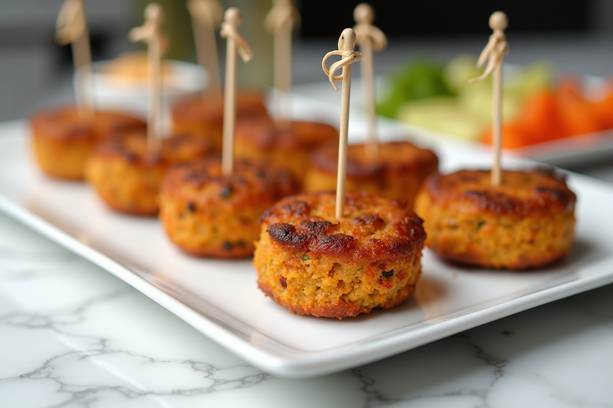 Mini gâteaux de chorizo sur plateau blanc avec amuse-bouches colorés en arrière-plan