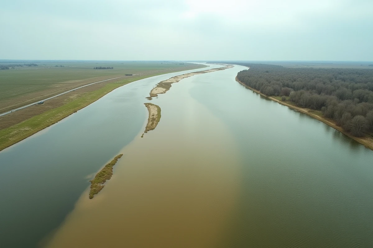 Confluence du Mississippi et du Missouri avec des eaux de couleurs distinctes se rejoignant dans un paysage plat américain