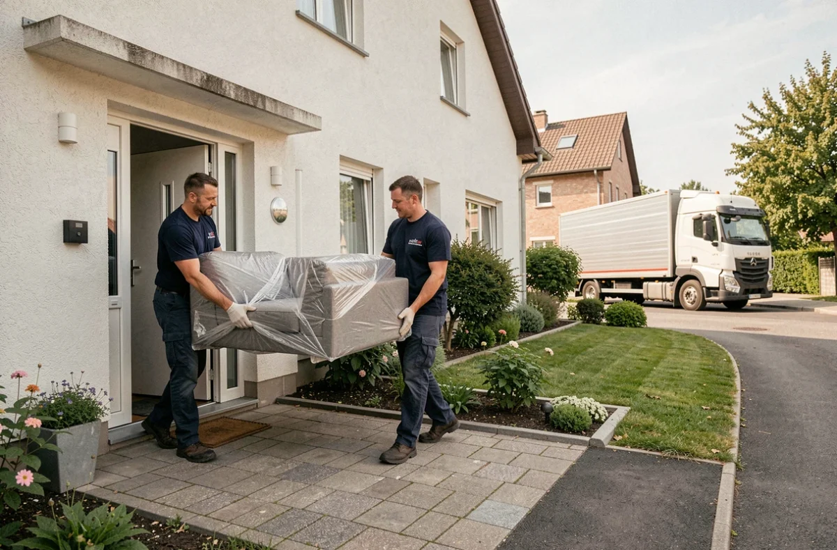 Deux déménageurs de Moselle Déménagement Services portant un canapé dans une maison à Saint-Avold