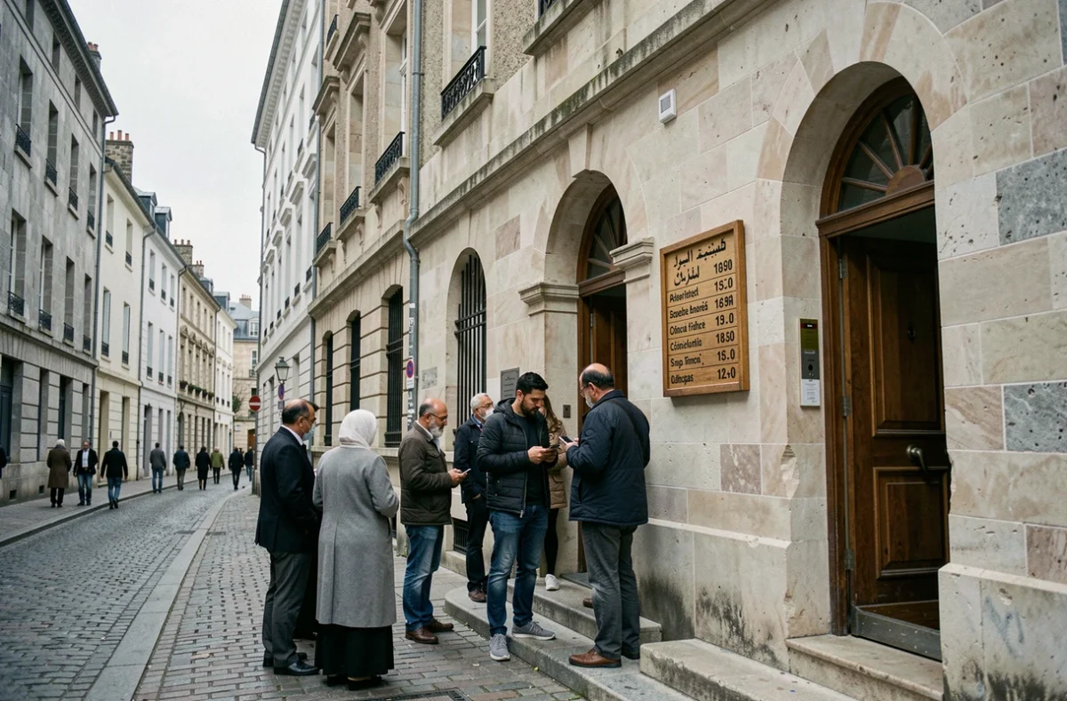 Façade d'une mosquée à Reims avec tableau des horaires de prière affiché à l'entrée