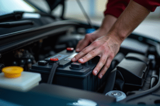 Vue rapprochée d'un moteur de voiture avec technicien installant une nouvelle batterie