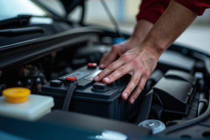 Vue rapprochée d'un moteur de voiture avec technicien installant une nouvelle batterie