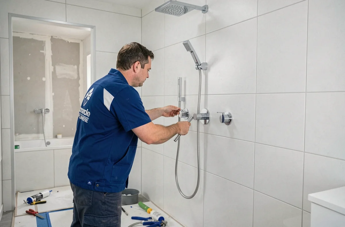 Un technicien de Normandie Plomberie Services installe un ensemble de douche moderne avec robinetterie dans une salle de bain contemporaine rénovée