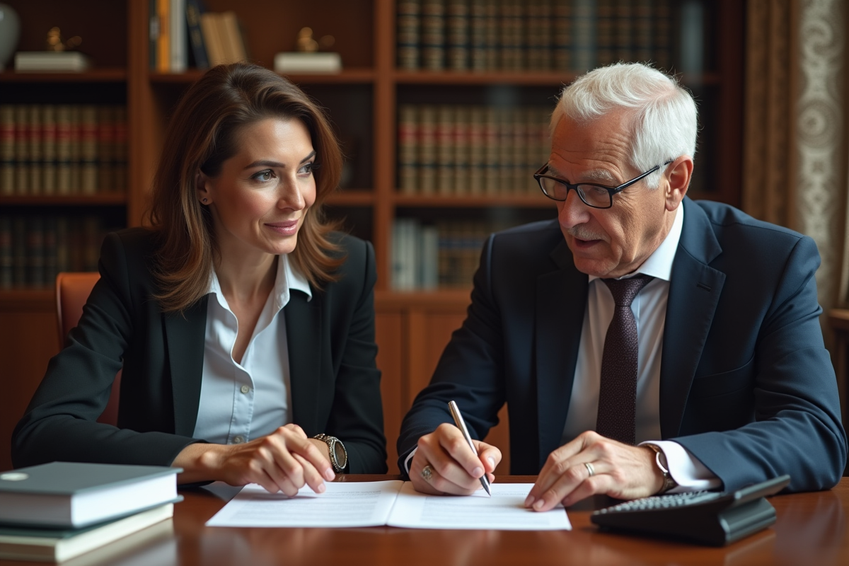 Femme et homme d'affaires examinant des documents dans un bureau élégant