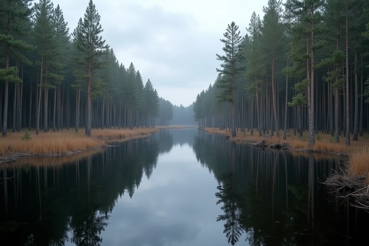 L'Ob-Irtych traversant une forêt marécageuse sibérienne inondée avec des épicéas se reflétant dans une eau noire et calme